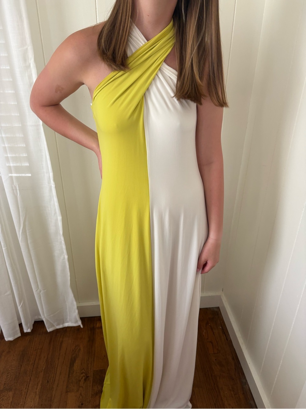 Halston Heritage Two-Tone Halter Maxi Dress in Lime and White